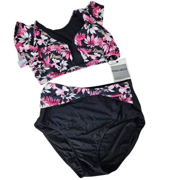 Hanna Nikole Womens Large High Waisted Bikini Set Ruffle Tummy Control Tropical - Picture 5 of 12